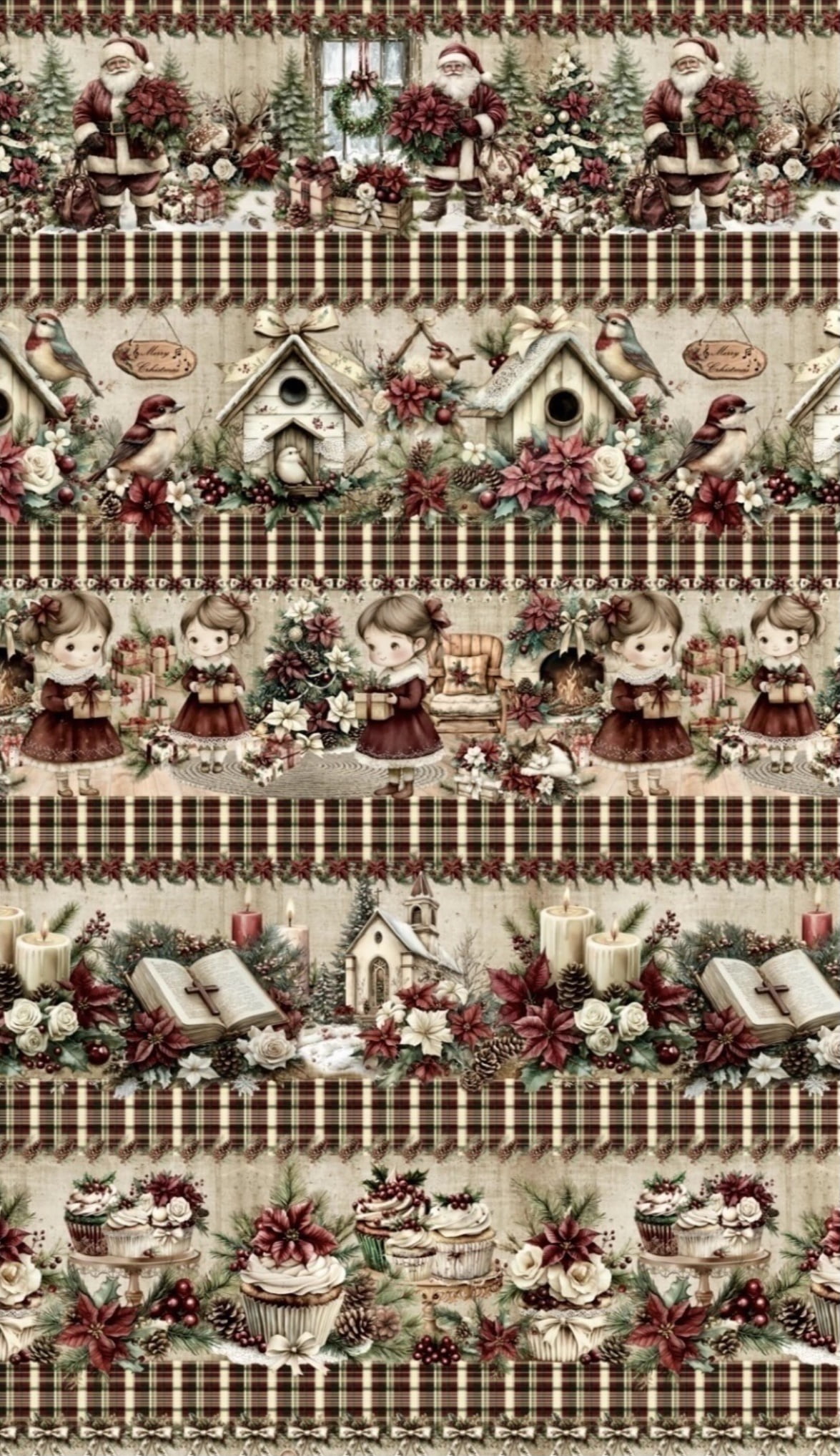 Tricoline estampa digital barrado meninas de natal - CORTES 0,55m x 1,50m 