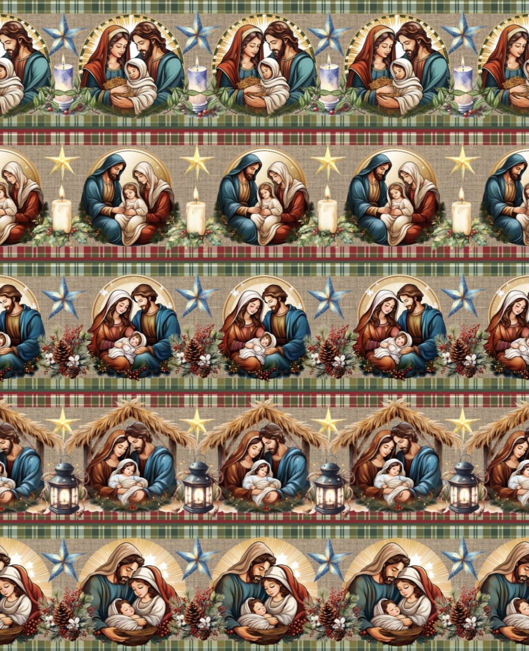 Tricoline estampa digital barrado natal religioso - CORTES 0,55m x 1,50m