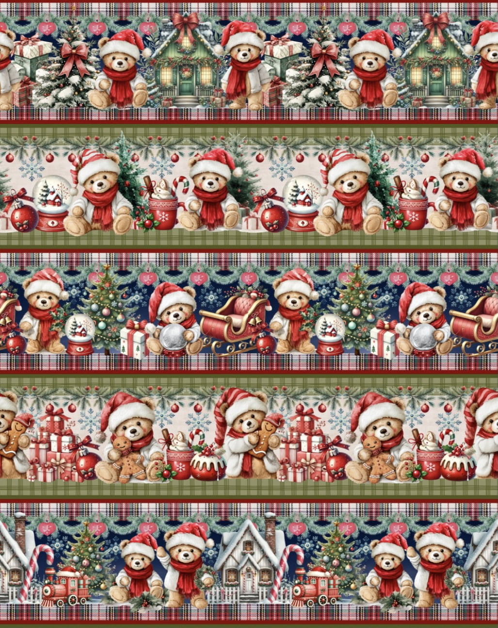 Tricoline estampa digital barrado ursinhos de natal - CORTES 0,55m x 1,50m