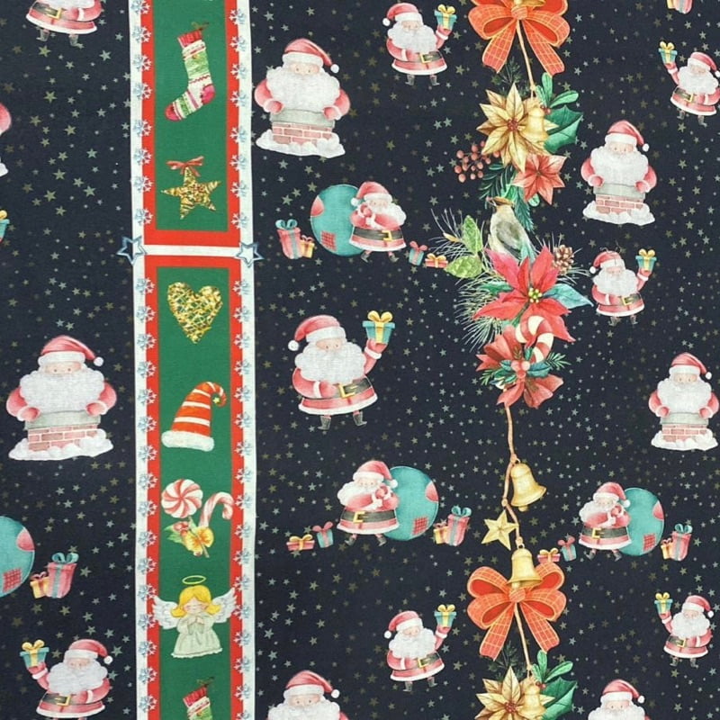 Tricoline estampa digital faixas papai noel fundo preto
