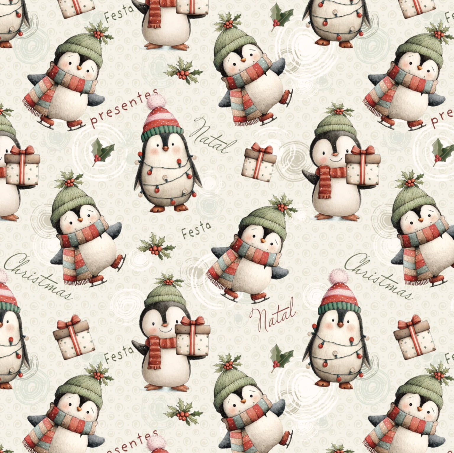 Tricoline estampa digital mini pinguins feliz natal