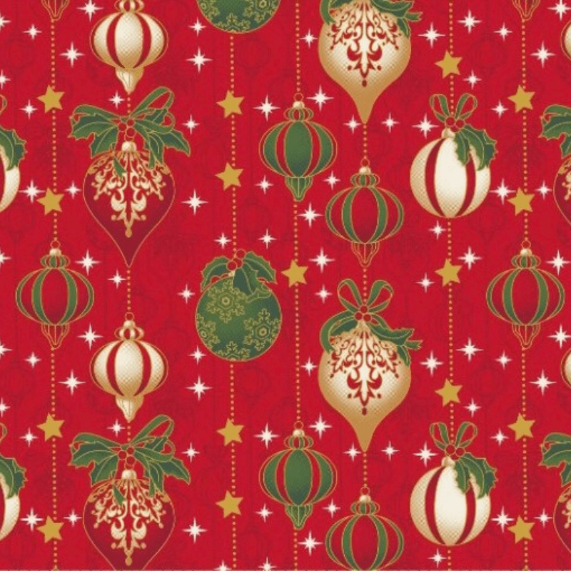 Tricoline estampado bolas de natal e estrelinhas fundo vermelho 