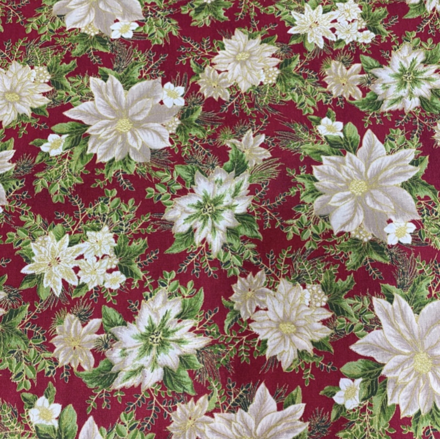 Tricoline estampado flores natalinas claras fundo vermelho 
