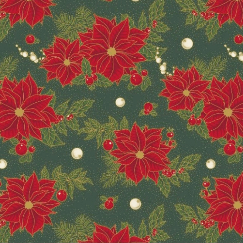 Tricoline estampado flores natalinas e azevinhos fundo verde