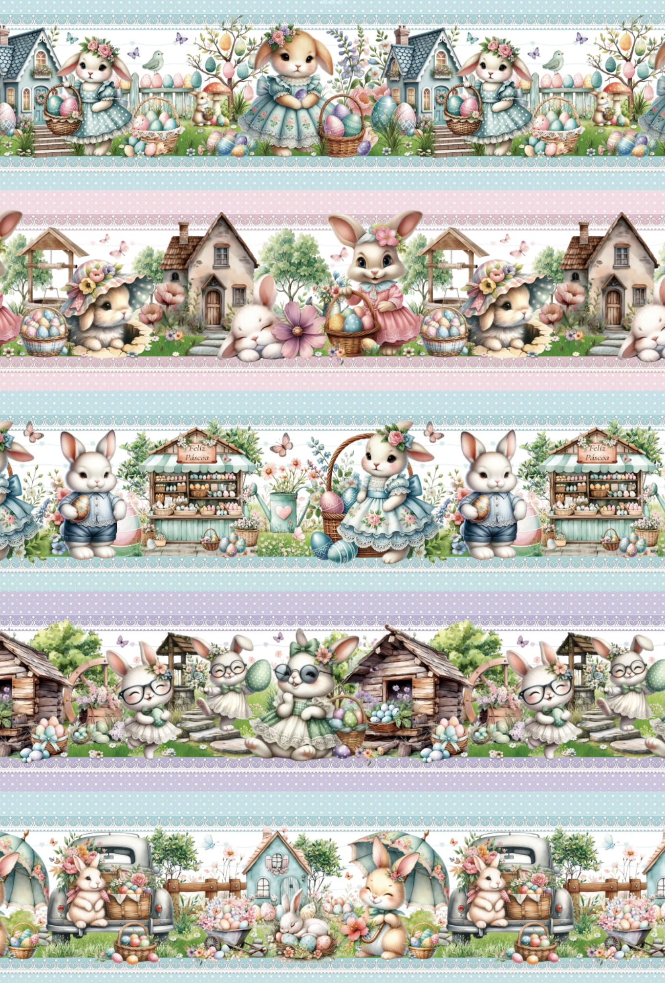 Tricoline estampa digital barrado coelhinhas charmosas - CORTES 0,55m x 1,50m 