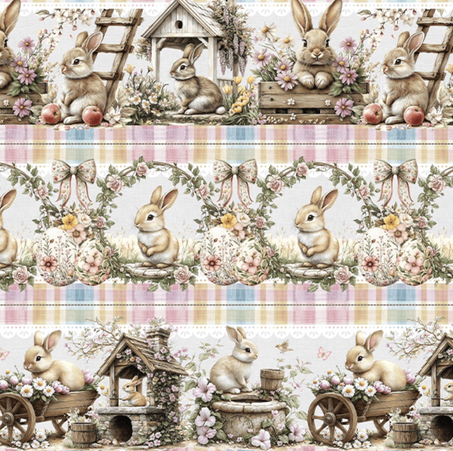 Tricoline estampa digital barrado coelhinho no jardim - CORTES 0,55m x 1,50m