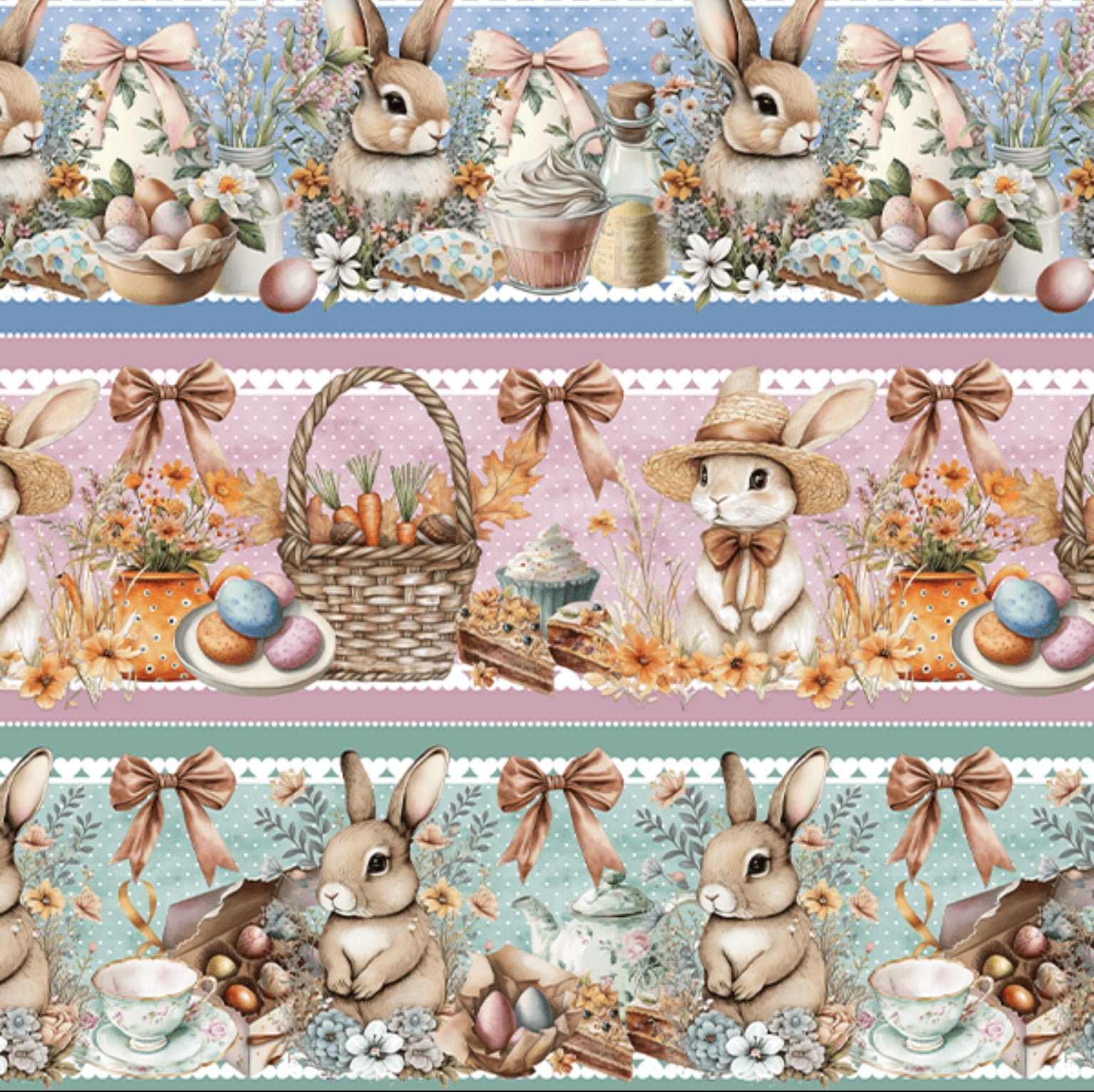 Tricoline estampa digital barrado coelhinhos e laços - CORTES 0,55m x 1,50m 