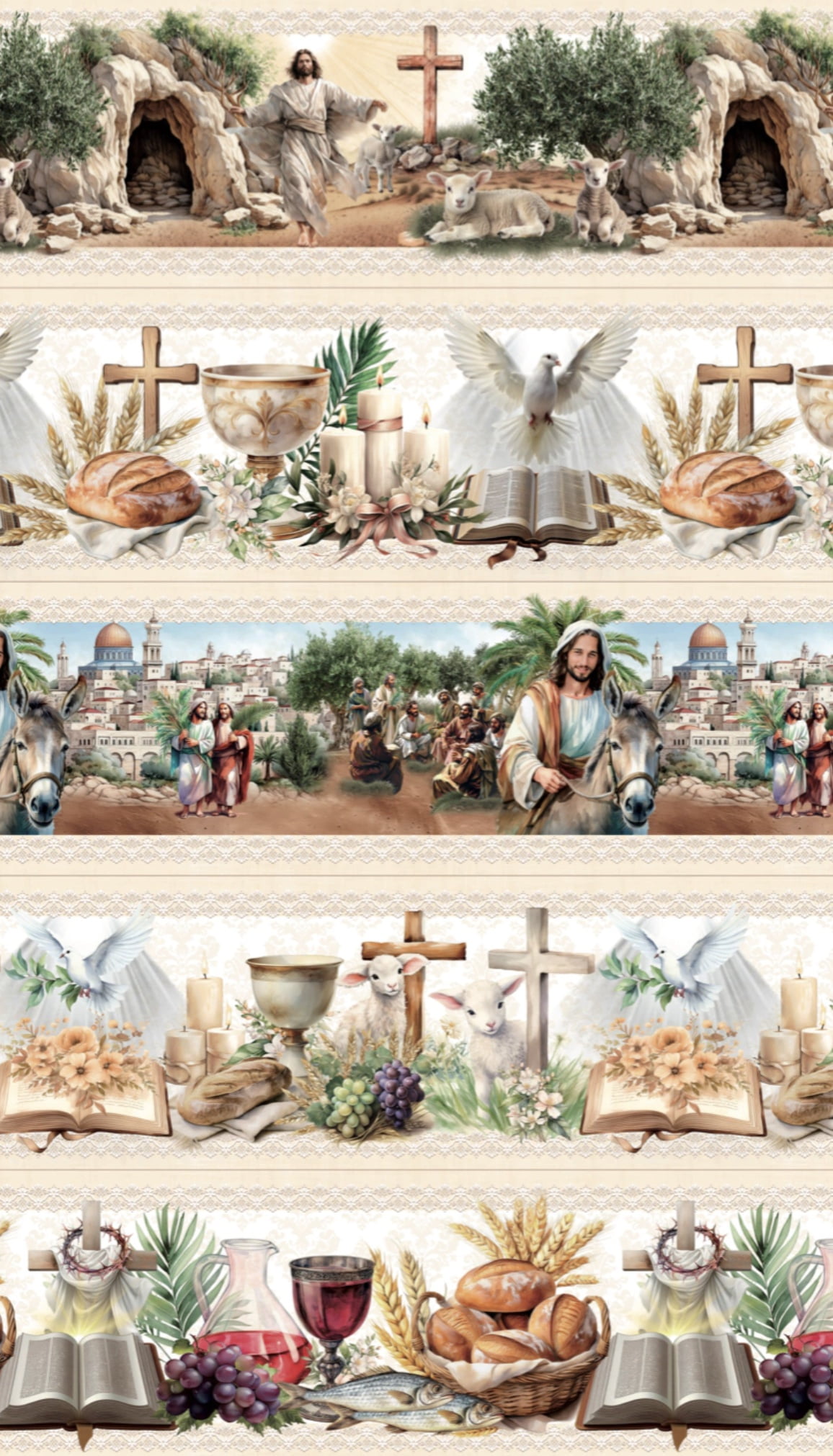 Tricoline estampa digital barrado Páscoa cristã - CORTES 0,55m x 1,50m 