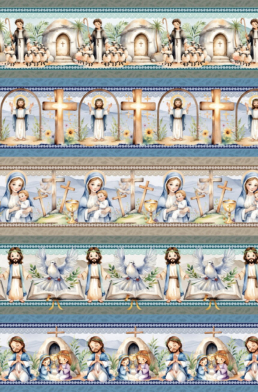 Tricoline estampa digital barrado Páscoa Sagrada - CORTES 0,55m x 1,50m
