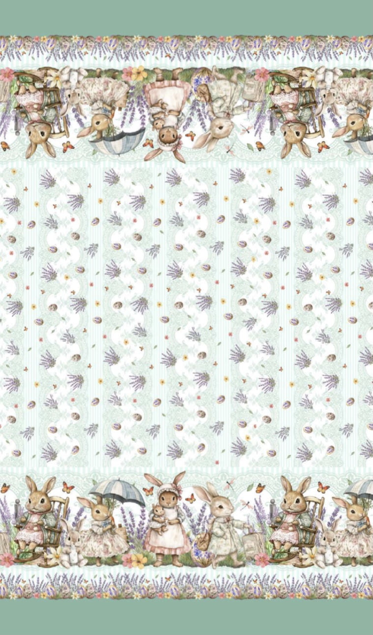 Tricoline estampa digital toalha de mesa coelhinhos com lavandas 