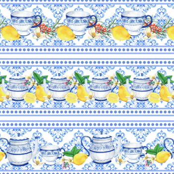 Tricoline estampa digital barrado limões e porcelanas  - CORTES 0,55m x 1,50m