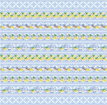 Tricoline estampa digital barrado limões e porcelanas  - CORTES 0,55m x 1,50m