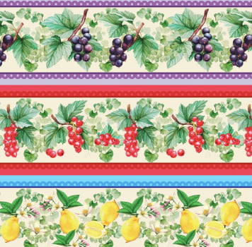 Tricoline estampa digital barrado frutas diversas - CORTES 0,55m x 1,50m