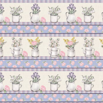 Tricoline estampa digital barrado flores no jardim - CORTES 0,55m x 1,50m