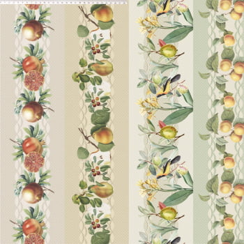 Tricoline estampa digital barrado fruits & flowers - frutas  - CORTES 0,55m x 1,50m