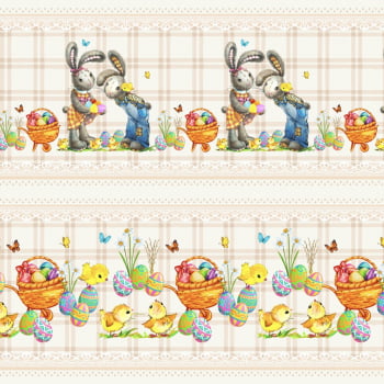 Tricoline estampa digital barrado casal de coelhos  - CORTES 0,55m x 1,50m