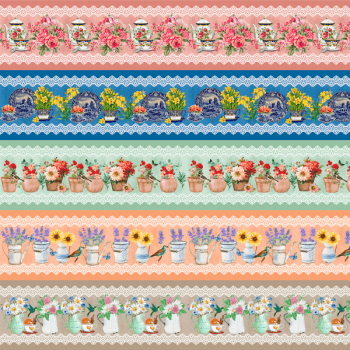 Tricoline estampa digital barrado flores e pássaros  - CORTES 0,55m x 1,50m