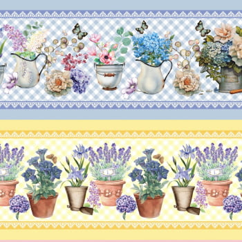 Tricoline estampa digital barrado flores com xadrez  - CORTES 0,55m x 1,50m