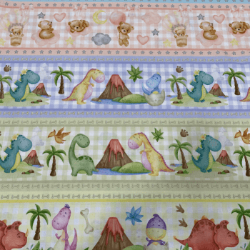 Tricoline estampa digital barrado dinos e ursinhos  - CORTES 0,55m x 1,50m