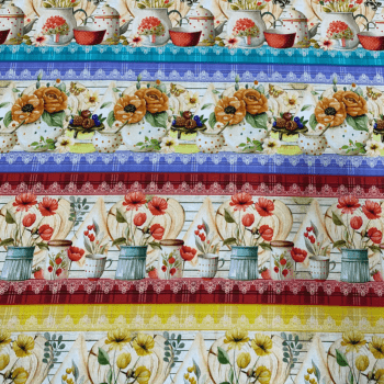 Tricoline estampa digital barrado flores e potinhos - CORTES 0,55m x 1,50m