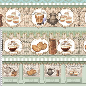 Tricoline estampa digital barrado patisserie confeitaria  - CORTES 0,55m x 1,50m