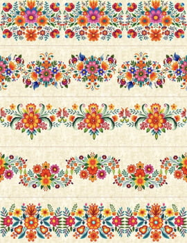 Tricoline estampa digital barrado flores mexicanas - CORTES 0,55m x 1,50m