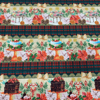 Tricoline estampa digital barrado doces de natal  - CORTES 0,55m x 1,50m