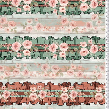 Tricoline estampa digital barrado de rosas bon voyage - CORTES 0,55m x 1,50m