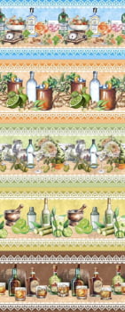 Tricoline estampa digital barrado drinks variados  - CORTES 0,55m x 1,50m