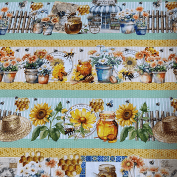 Tricoline estampa digital barrado abelhinha e flores  - CORTES 0,55m x 1,50m