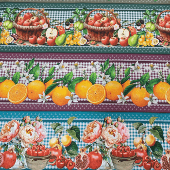 Tricoline estampa digital barrado frutas e flores  - CORTES 0,55m x 1,50m