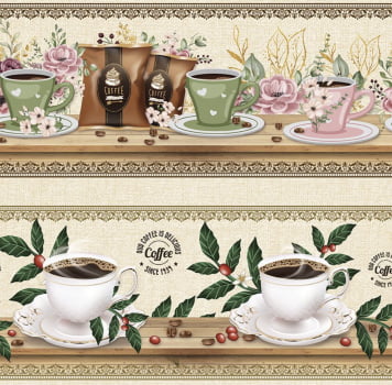 Tricoline estampa digital barrado cantinho do café  - CORTES 0,55m x 1,50m