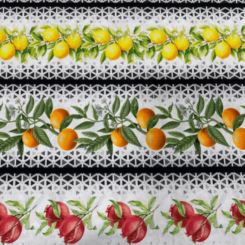 Tricoline estampa digital barrado frutas com geométrico  - CORTES 0,55m x 1,50m 