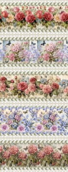 Tricoline estampa digital barrado floral vintage  - CORTES 0,55m x 1,50m 