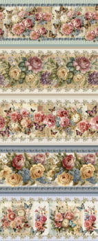 Tricoline estampa digital barrado relógio floral vintage  - CORTES 0,55m x 1,50m 