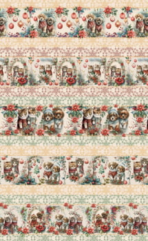 Tricoline estampa digital barrado amiguinhos pets de natal  - CORTES 0,55m x 1,50m 