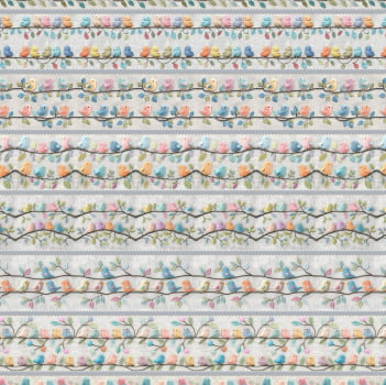 Tricoline estampa digital barrado passarinhos  - CORTES 0,55m x 1,50m