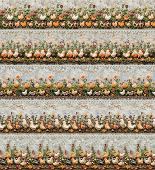 Tricoline estampa digital barrado galinhas  - CORTES 0,55m x 1,50m