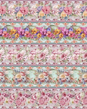 Tricoline estampa digital barrado floral colorido  - CORTES 0,55m x 1,50m