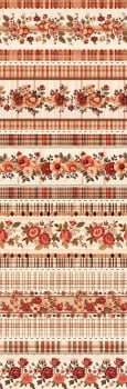 Tricoline estampa digital barrado floral tijolo  - CORTES 0,55m x 1,50m