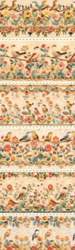 Tricoline estampa digital barrado pássaros com flores  - CORTES 0,55m x 1,50m