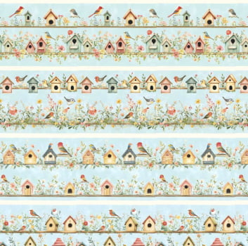 Tricoline estampa digital barrado casa de passarinhos  - CORTES 0,55m x 1,50m