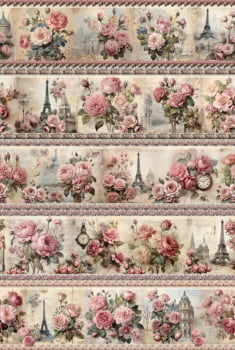 Tricoline estampa digital barrado primavera em Paris  - CORTES 0,55m x 1,50m