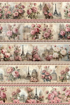 Tricoline estampa digital barrado primavera em Paris  - CORTES 0,55m x 1,50m