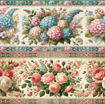 Tricoline estampa digital barrado hortênsias e rosas - CORTES 0,55m x 1,50m