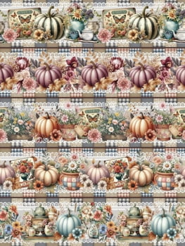 Tricoline estampa digital barrado abóboras extraordinárias  - CORTES 0,55m x 1,50m 