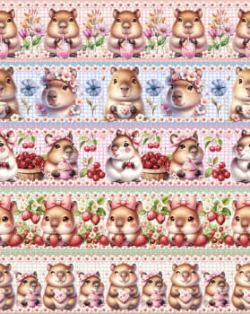 Tricoline estampa digital barrado cute capivaras  - CORTES 0,55m x 1,50m