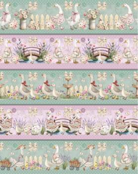 Tricoline estampa digital barrado gansos no jardim  - CORTES 0,55m x 1,50m 
