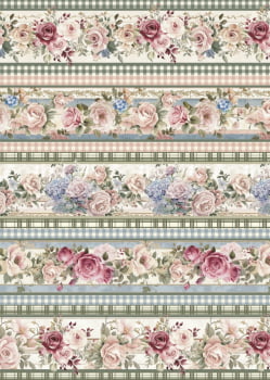 Tricoline estampa digital barrado hortênsias e rosas - CORTES 0,55m x 1,50m 