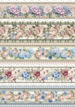 Tricoline estampa digital barrado hortênsias e rosas - CORTES 0,55m x 1,50m 